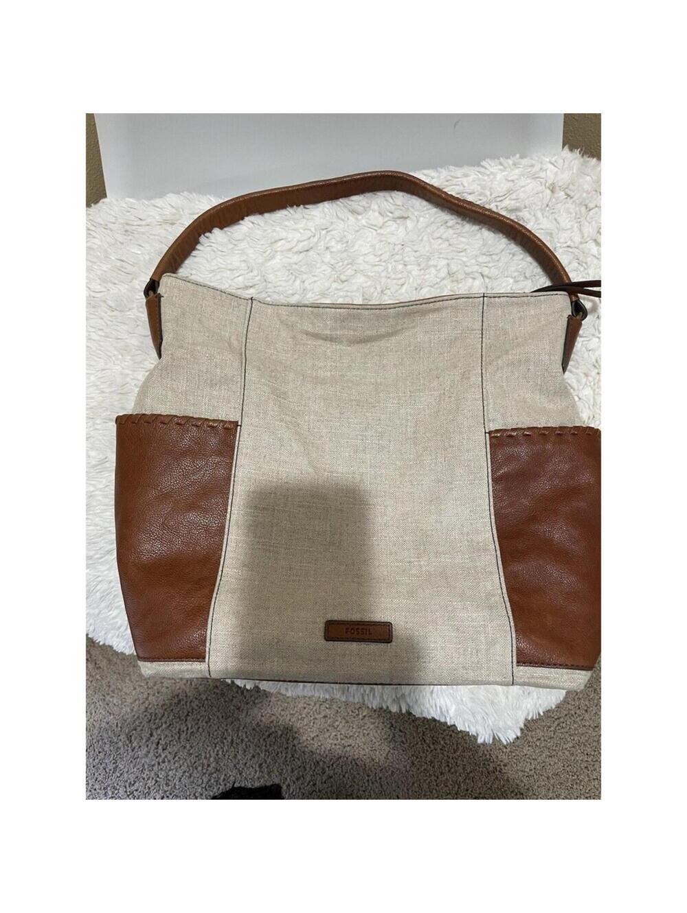 Fossil Canvas (ivory) Leather (brown) Shoulder Bag EUC Medium purse handbag